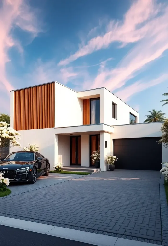 Minimalist white house with vertical wood accents, a black garage door, and modern landscaping under a pink-streaked sky.