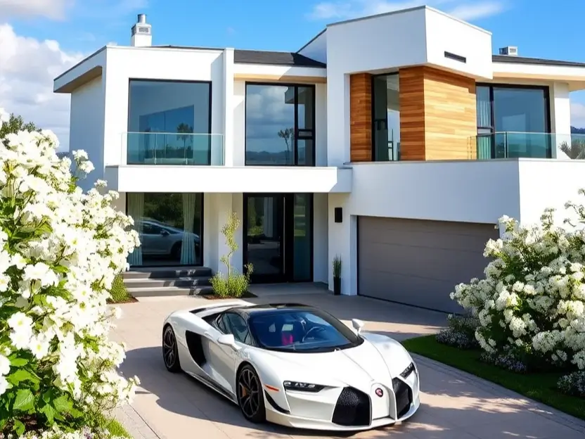 Minimalist modern house with wood accents, glass railings, and a polished driveway surrounded by lush flowers. II