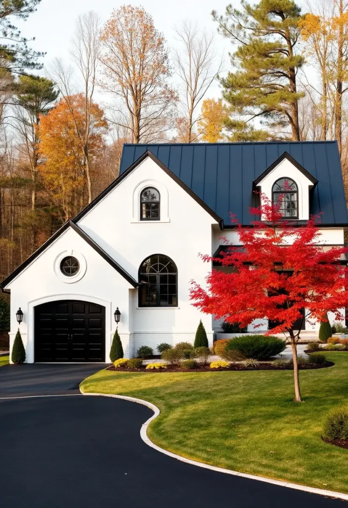 Black and white modern house with a black roof, white walls, and a vibrant red maple tree in the landscaped front yard.