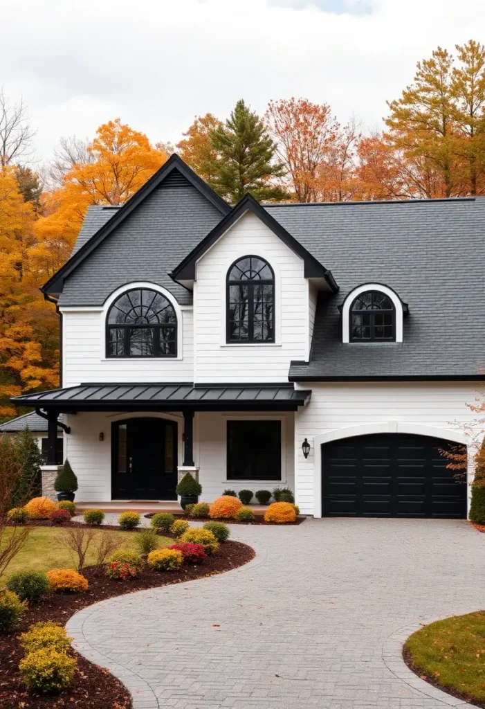 Elegant black and white house with arched windows, a black roof, and autumn-inspired landscaping surrounding a curved driveway.