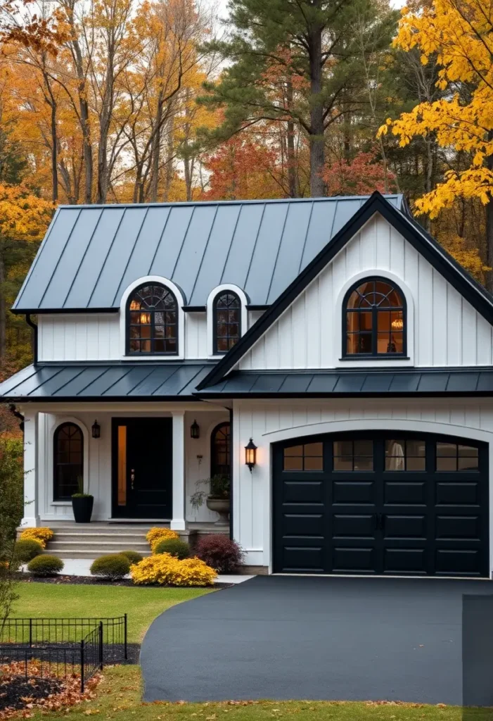 Modern black-and-white house with a black roof, arched windows, and bright yellow fall landscaping in the front yard.