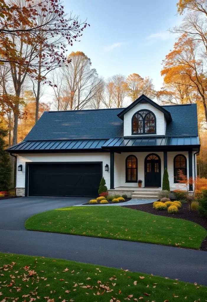 Modern black-and-white house with a sleek black roof, arched windows, and vibrant landscaping in an autumn setting.