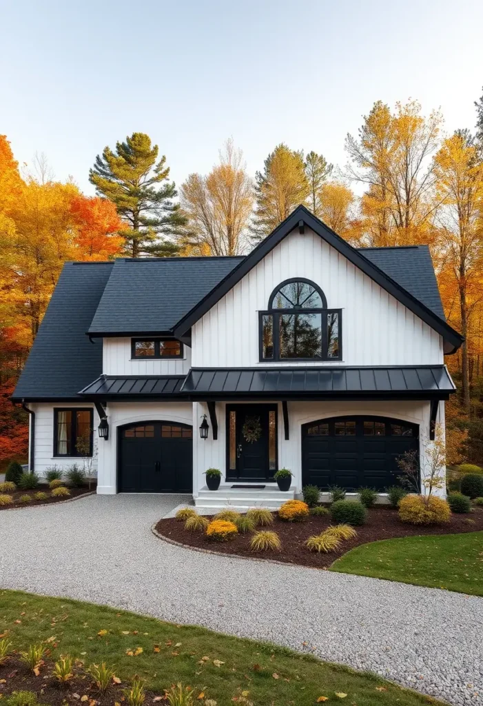 Modern black-and-white house with black accents, white siding, gravel driveway, and yellow shrubs in an autumn setting.