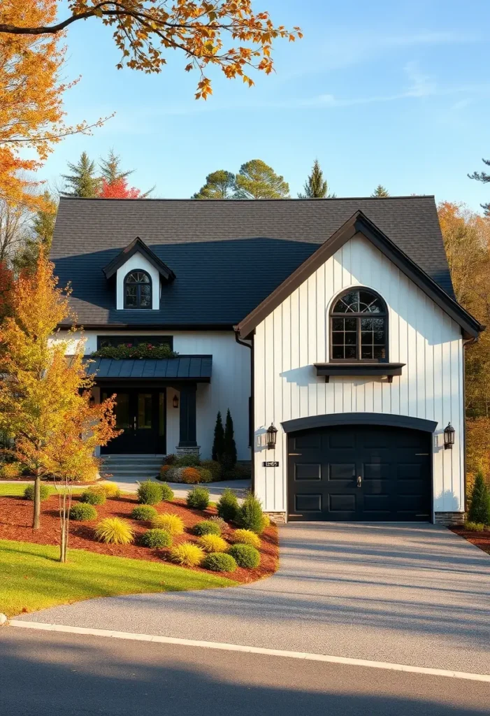 Black-and-white modern house with arched windows, a flower box, and tiered autumn-inspired landscaping in the front yard.