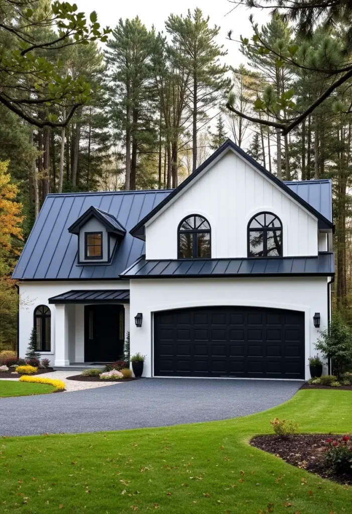 Black-and-white modern house with arched windows, sleek black roof, green lawn, and forest backdrop.