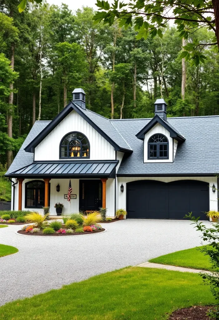 Modern black-and-white house with wooden columns, dual cupolas, and lush landscaping surrounded by trees.