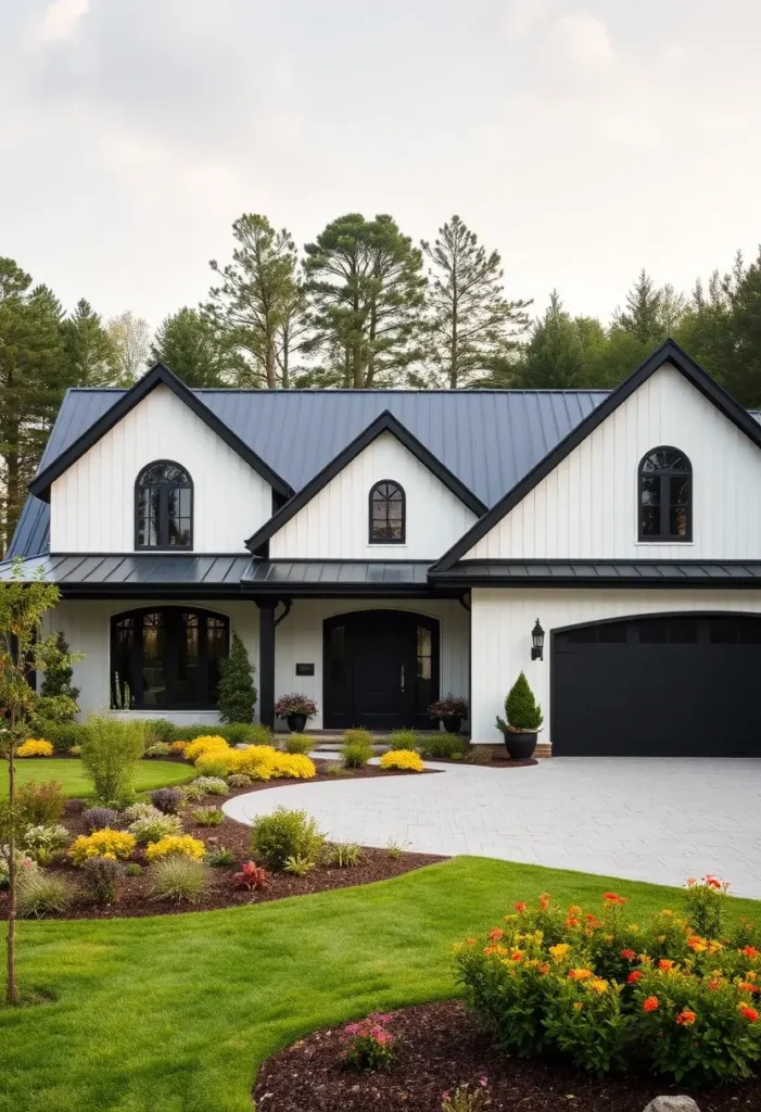 Modern black-and-white house with arched windows, a black roof, and colorful landscaping featuring yellow and red flowers.