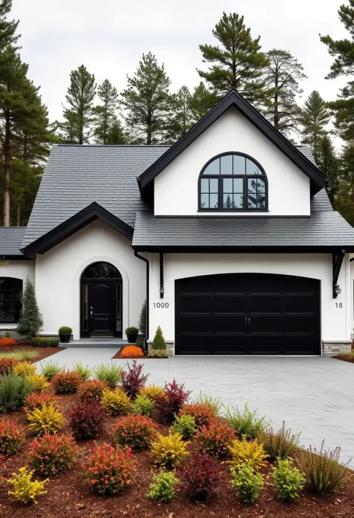 Modern black-and-white house with a black roof, arched windows, and vibrant red and yellow landscaping in the front yard.