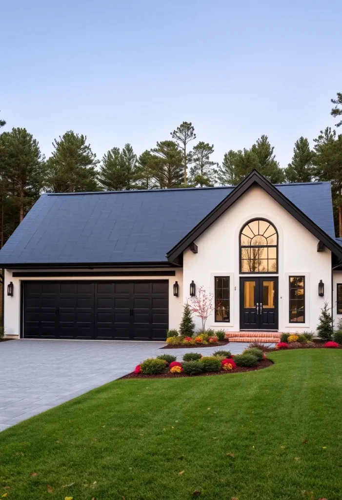 Minimalist black-and-white house with arched windows, black roof, and colorful front landscaping.