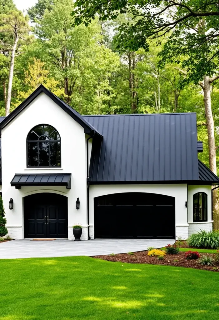 Black-and-white modern house with a sleek black roof, arched window, and vibrant green lawn surrounded by trees.