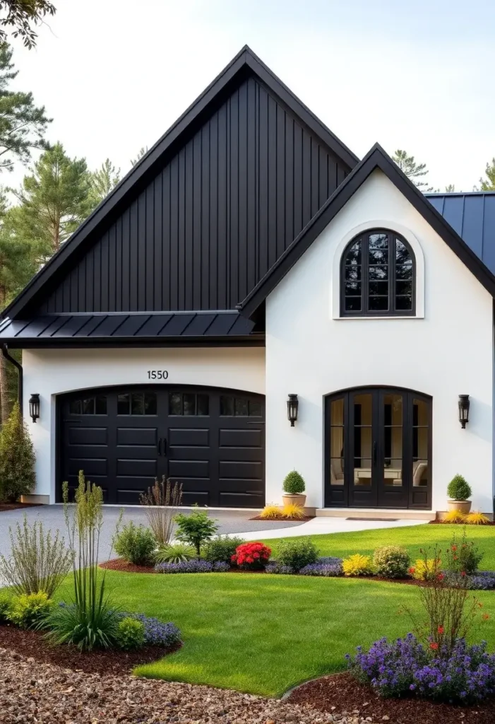 Modern black-and-white house with a bold black gable roof, arched windows, and colorful landscaping in the front yard.