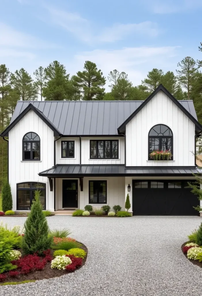 Modern black-and-white farmhouse with arched windows, black roof, and vibrant landscaping along a gravel driveway.