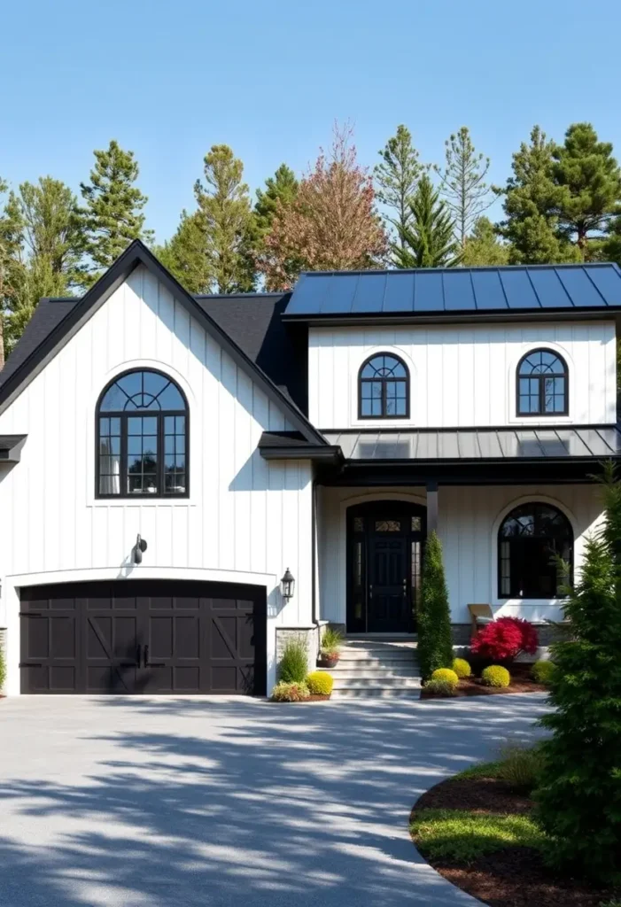 Black-and-white modern farmhouse with arched windows, bold black accents, and colorful landscaping near the entry.