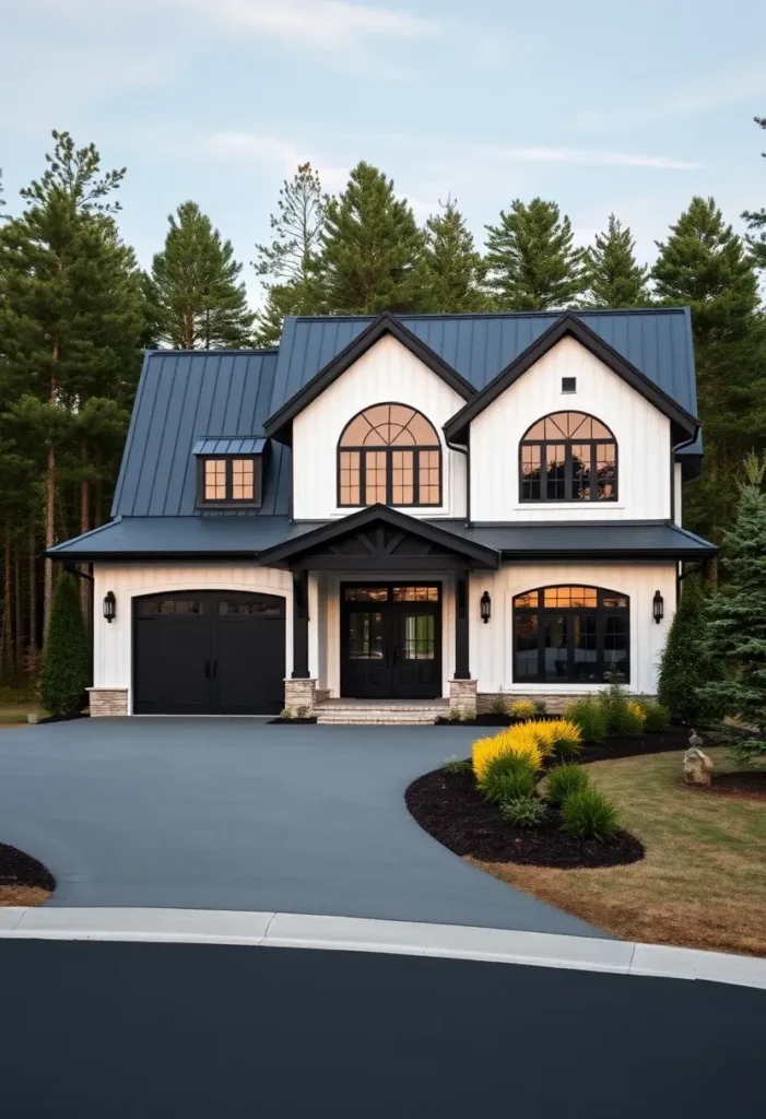 Modern black-and-white house with arched windows, bold black roof, and warm-toned landscaping at sunset.