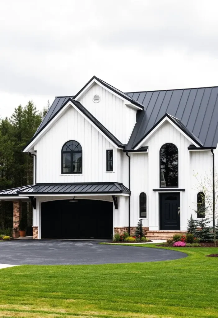 Modern black-and-white house with tall arched windows, a bold black roof, and a lush green lawn.