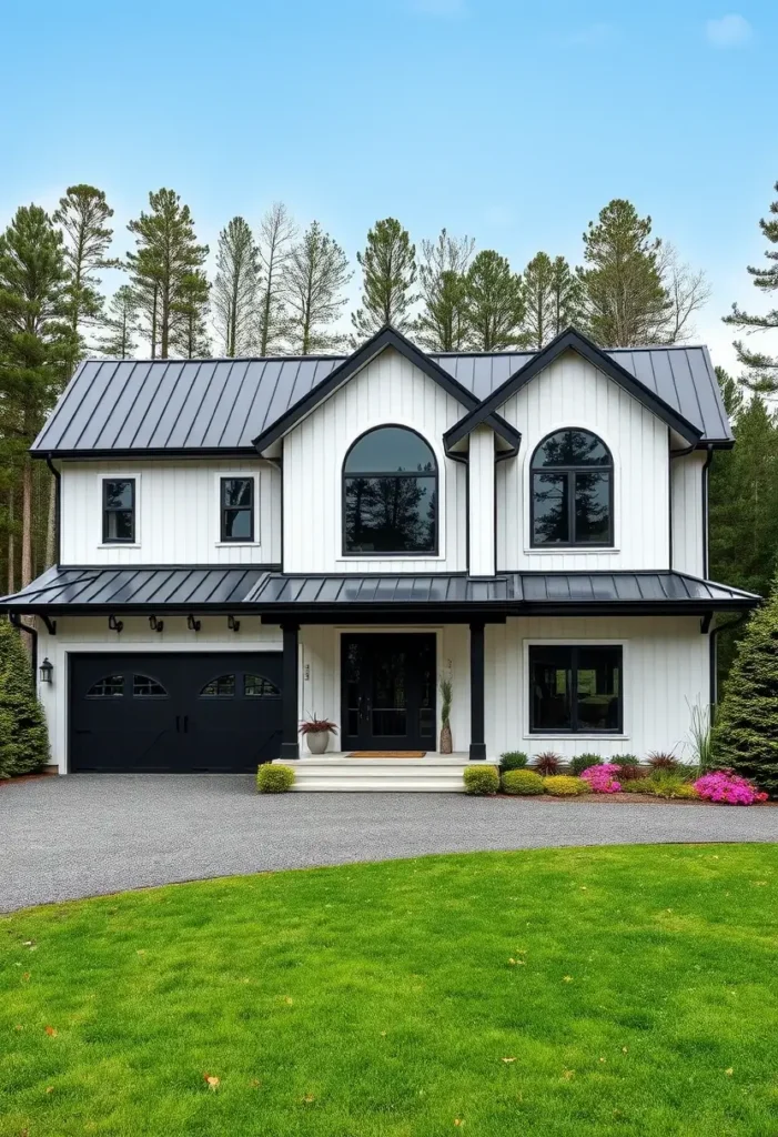 Modern black-and-white house with arched windows, black roof, and colorful landscaping featuring pink and yellow flowers.