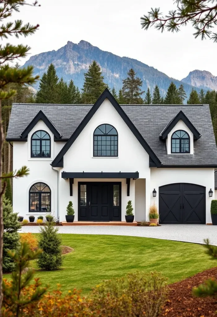 Modern black-and-white house with arched windows, steep rooflines, and a mountain backdrop, surrounded by lush landscaping.