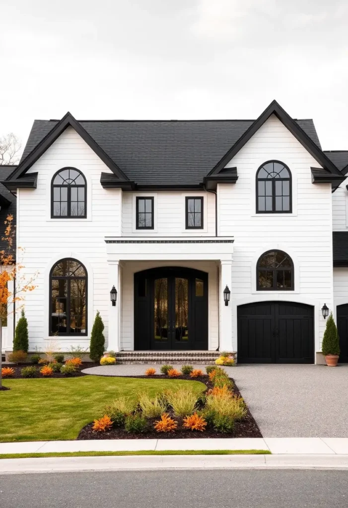 Modern black-and-white house with symmetrical design, arched windows, and bold black accents.