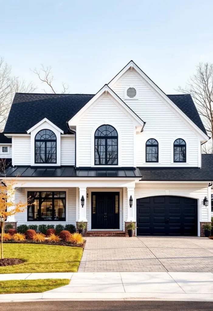 Traditional white house with black accents, arched windows, and a spacious driveway.