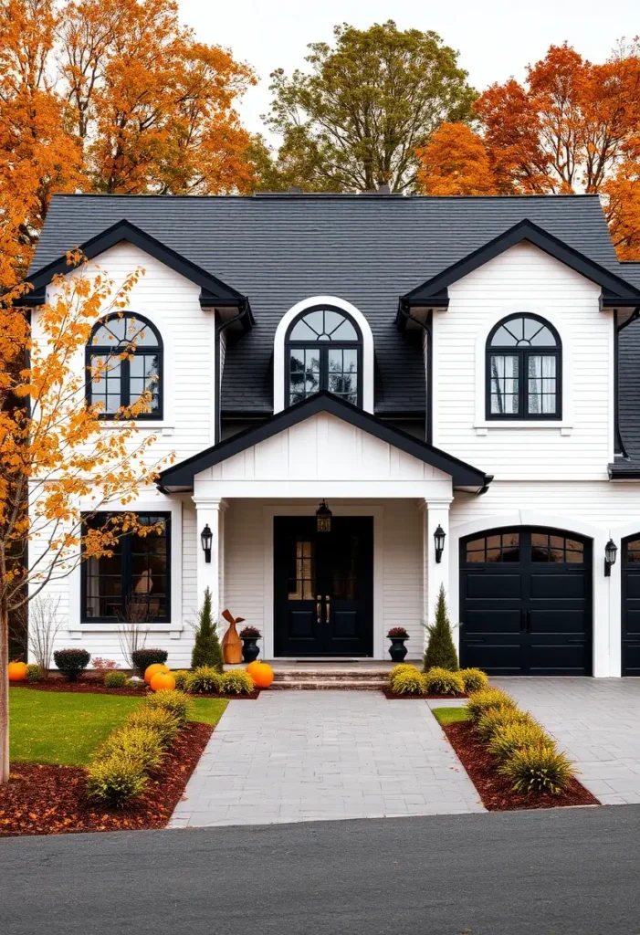 Black-and-white home with arched windows, fall decorations, and a welcoming porch. Modern Black-And-White Houses