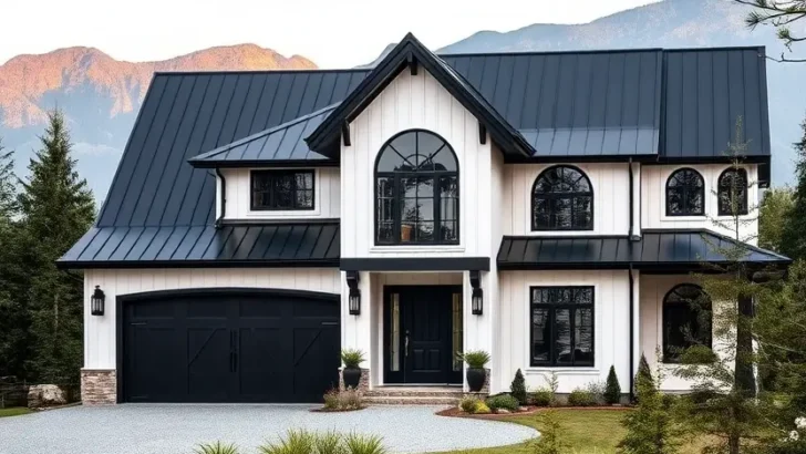 Modern black-and-white house with arched windows, bold rooflines, and a mountain backdrop surrounded by minimalist landscaping. II