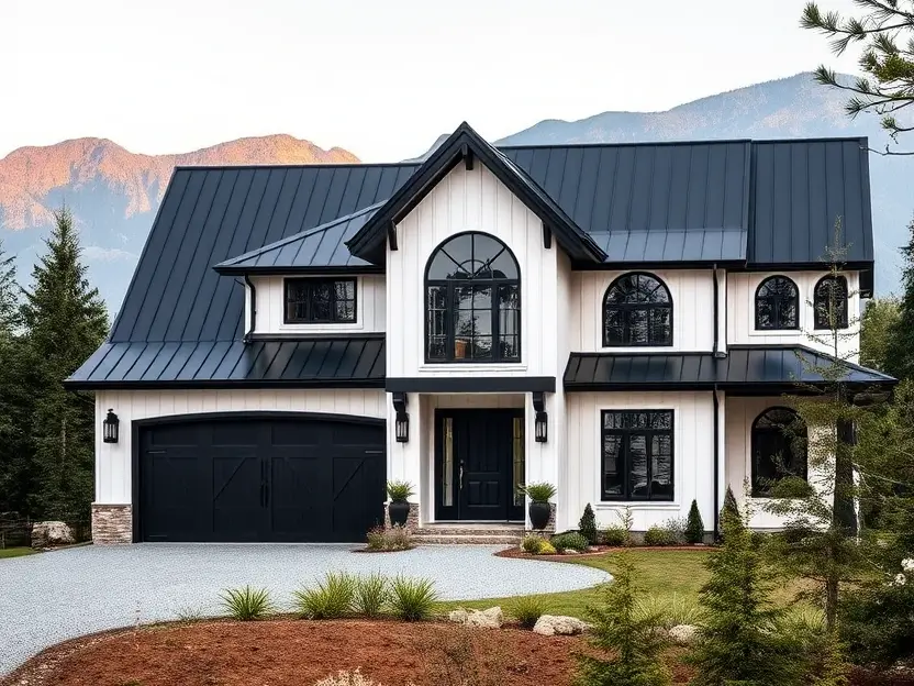 Modern black-and-white house with arched windows, bold rooflines, and a mountain backdrop surrounded by minimalist landscaping. II