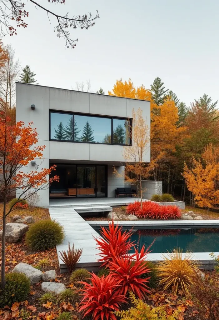 Modern brutalist home with concrete facade, large windows, a reflective pool, and colorful autumn foliage in red, orange, and yellow.