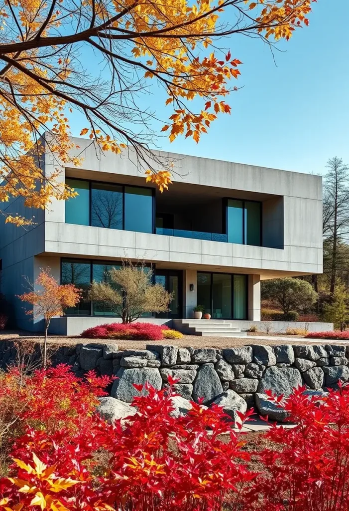 Modern brutalist house with a concrete facade, large glass panels, tiered rock wall, and vibrant autumn landscaping.