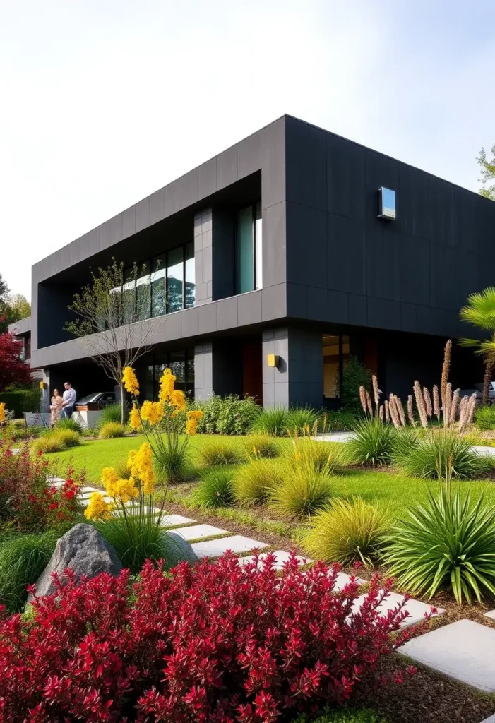 Modern brutalist house with a black facade, large windows, and vibrant landscaping featuring yellow flowers, red shrubs, and manicured greenery.