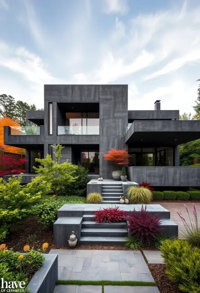 Modern brutalist house with a dark concrete facade, layered terraces, vibrant landscaping, and glass balconies.