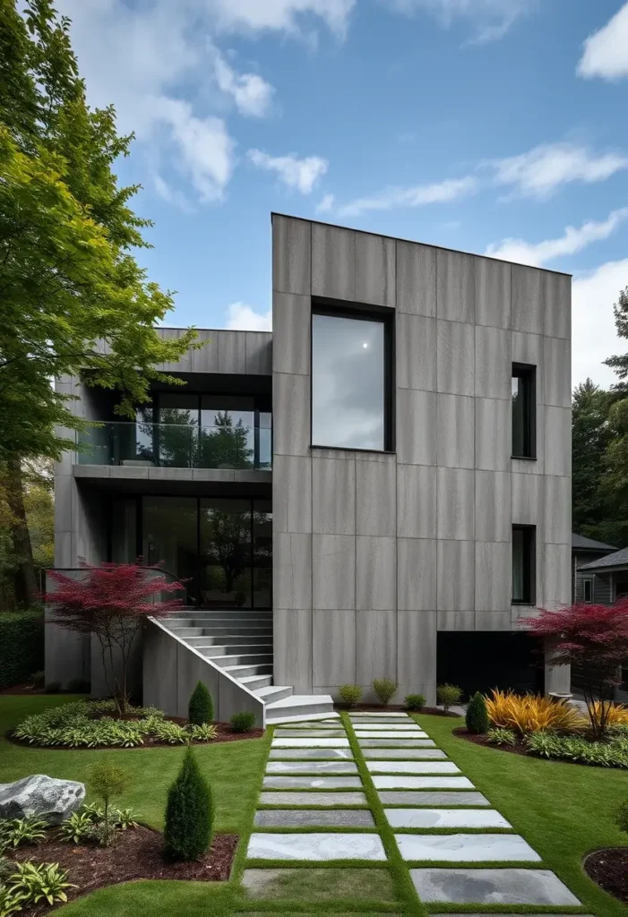 Modern brutalist house with a concrete facade, stone tile pathway, and vibrant landscaping.