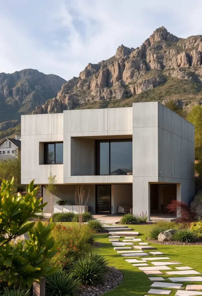 Modern brutalist house with a concrete facade, stone pathway, vibrant landscaping, and a backdrop of towering cliffs.