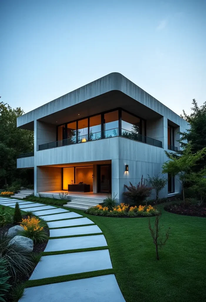 Modern brutalist house with curved concrete design, glowing interior lighting, and a landscaped pathway lined with yellow blooms.