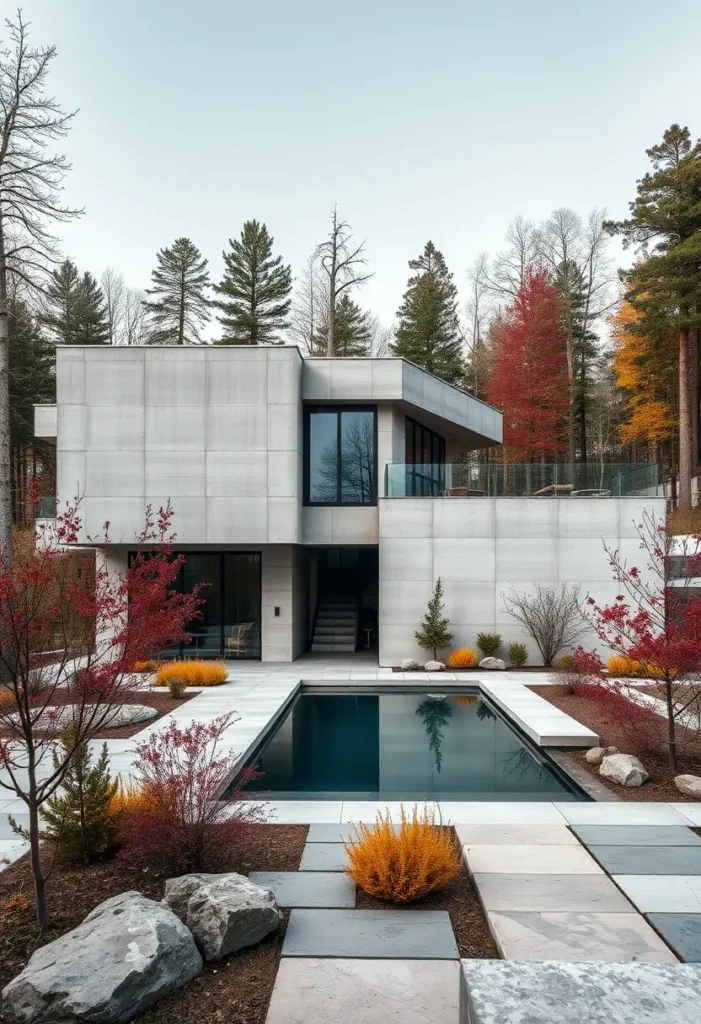 Modern brutalist home with concrete facade, reflective pool, and autumnal landscaping in a forest setting.