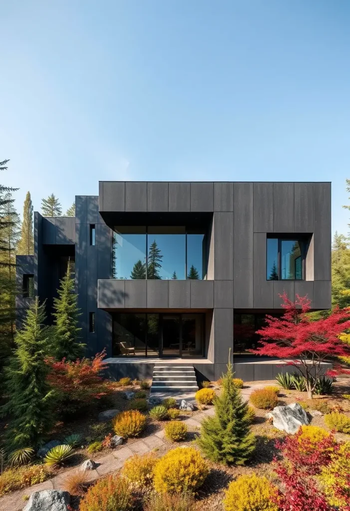 Modern brutalist house with a dark facade, large windows, and vibrant landscaping featuring red and yellow foliage.