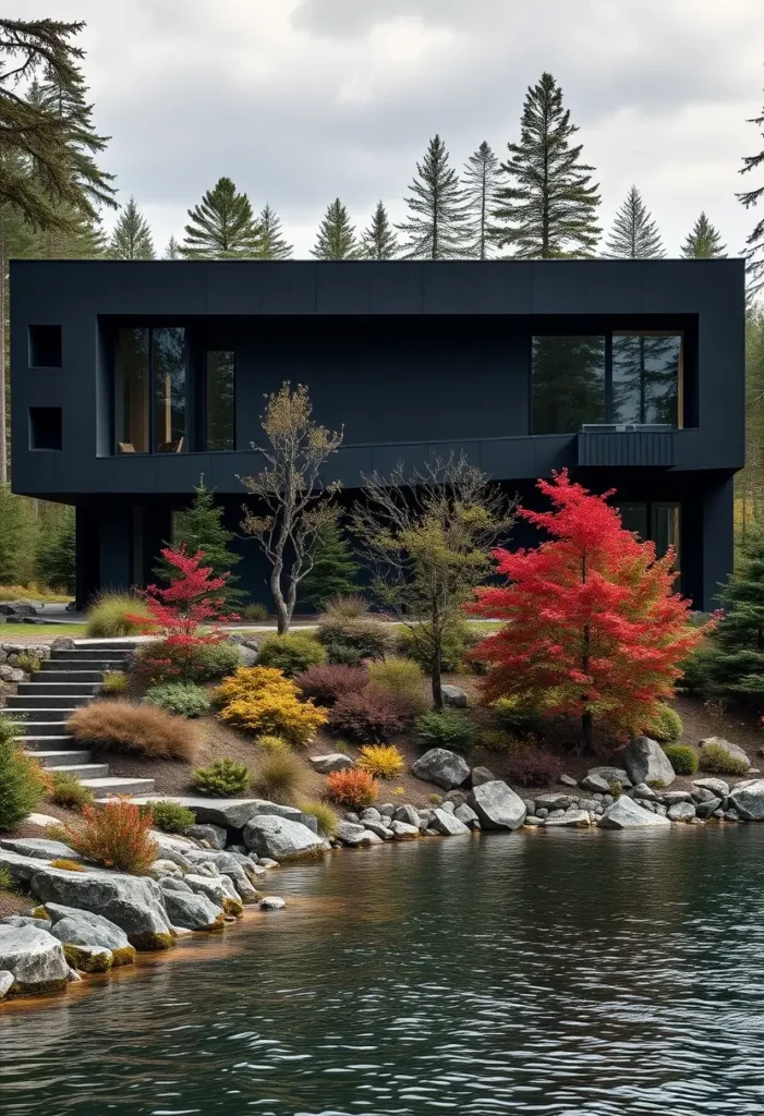 Modern brutalist home with a dark facade, lakeside landscaping featuring red and golden foliage, and a stone pathway leading to the water.