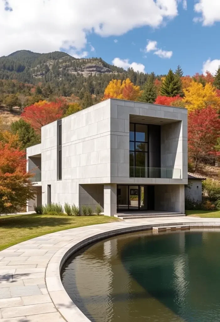 Modern brutalist house with a concrete facade, large windows, curved water feature, and autumn foliage.