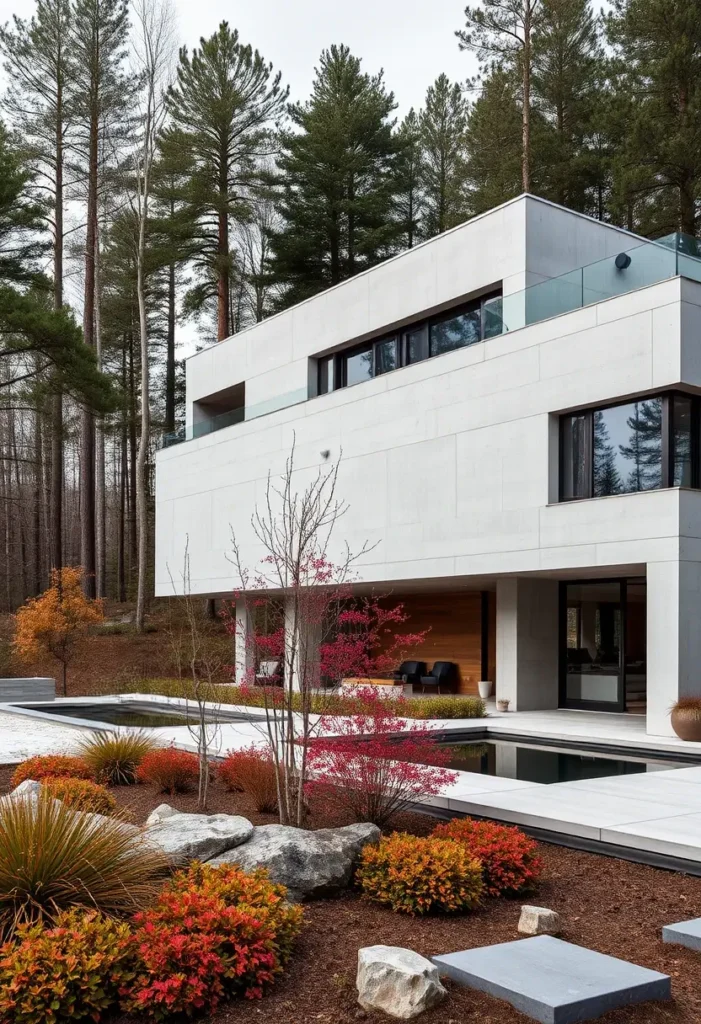 Modern brutalist house with concrete exterior, wooden accents, vibrant foliage, and a reflective pool surrounded by natural stone elements.