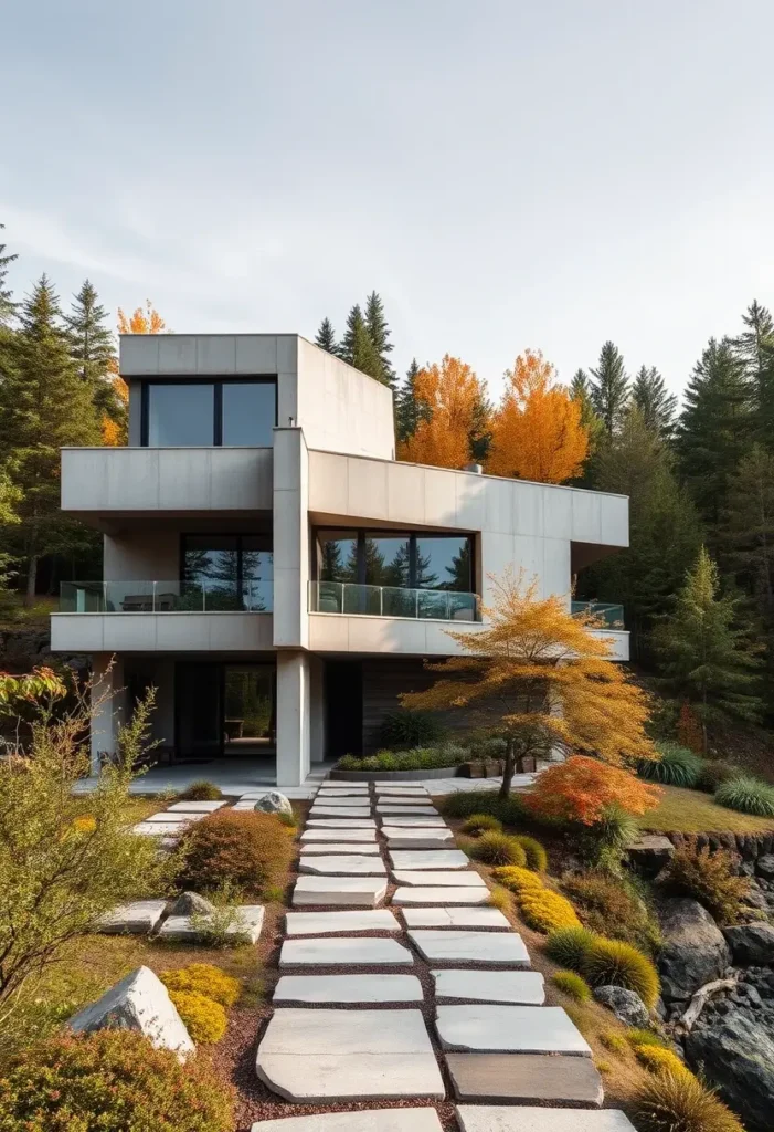 Modern brutalist house with a layered concrete facade, irregular stone pathway, and vibrant autumn landscaping.