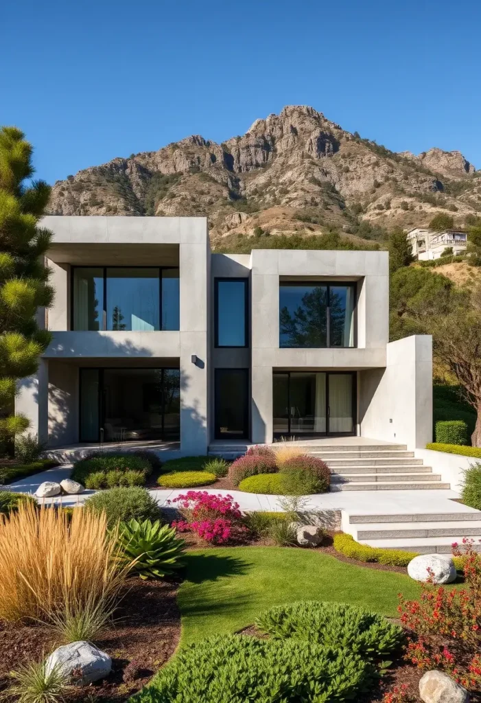 Modern brutalist house with a concrete facade, vibrant landscaping, stepped entrance, and rocky mountain backdrop.