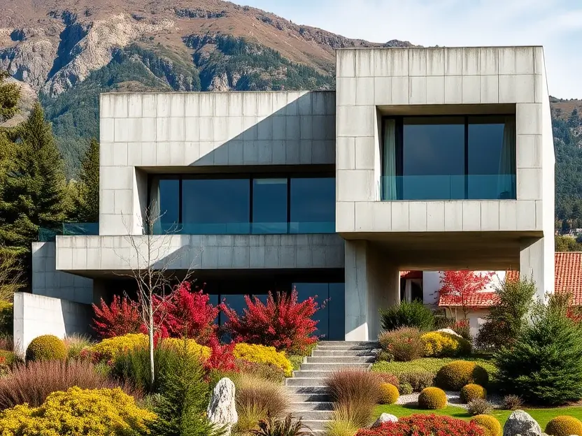 Modern brutalist house with concrete facade, large glass windows, vibrant landscaping, and mountain backdrop.