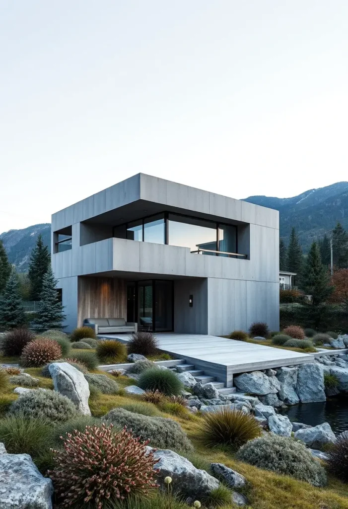 Modern brutalist house with a minimalist concrete facade, mountain backdrop, and landscaping featuring natural stones and grasses.