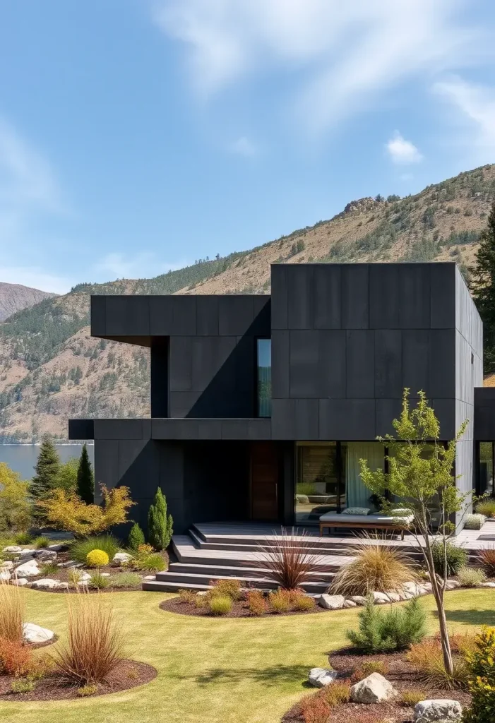 Modern brutalist house with a black facade, tiered entrance steps, vibrant landscaping, and a mountain backdrop.