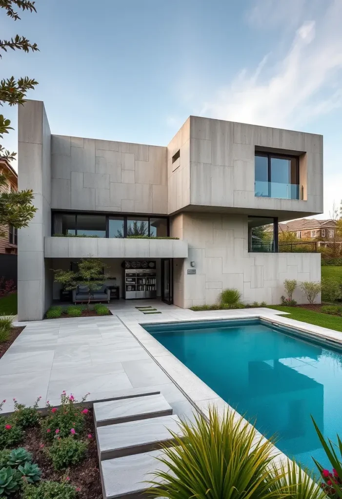 Modern brutalist house with a geometric concrete facade, minimalist pool area, and covered outdoor lounge.