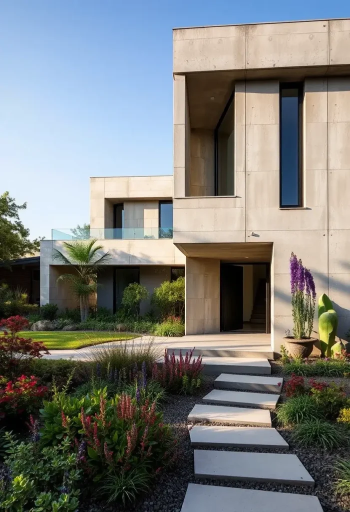 Modern brutalist house with a clean concrete facade, stepping stone pathway, and vibrant landscaping.