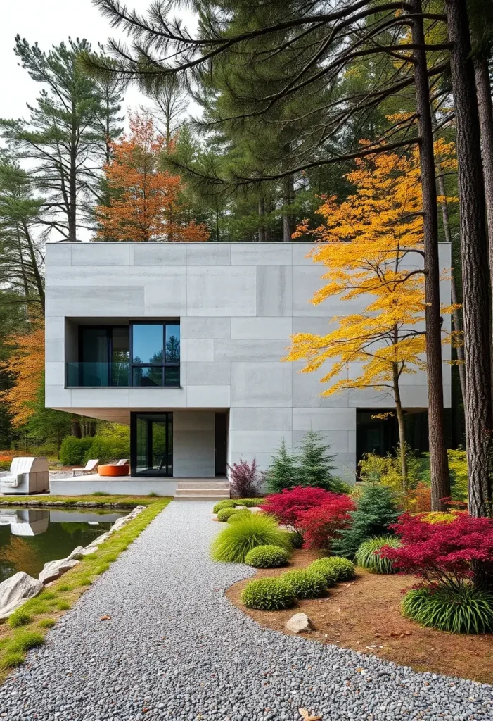 Modern brutalist house with a concrete facade, colorful landscaping, a gravel pathway, and a tranquil pond surrounded by trees.