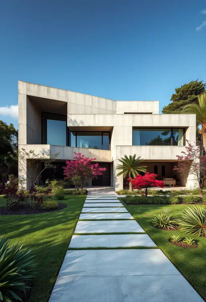 Modern brutalist house with a concrete facade, symmetrical walkway, and vibrant landscaping featuring palm trees and pink blossoms.