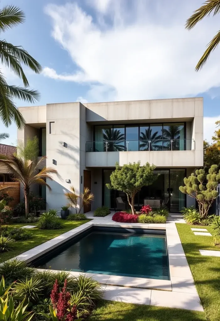 Modern brutalist house with a minimalist concrete facade, lush tropical landscaping, and a sleek pool.