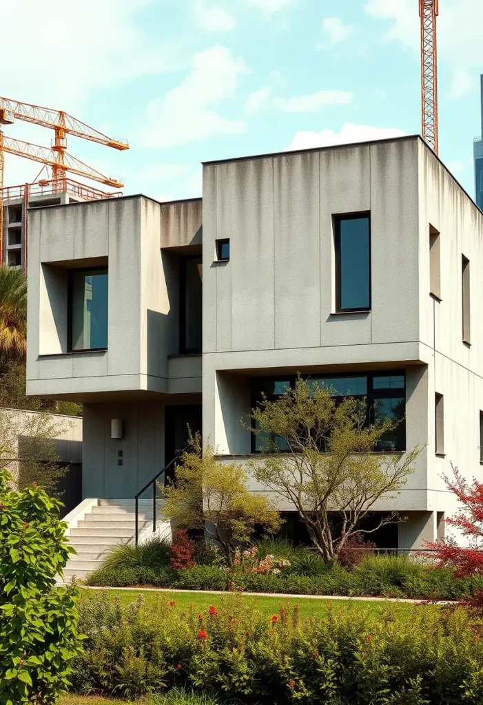 Modern brutalist house with a minimalist concrete facade, angular design, lush landscaping, and urban construction backdrop.