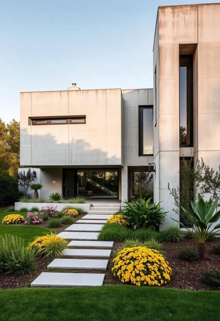 Modern brutalist house with a concrete facade, floating stone steps, and vibrant landscaping featuring yellow and pink flowers.